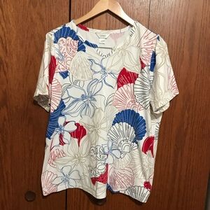 CJ Banks Size 1X Floral Print Women's Top Shirt Blouse White Red Blue